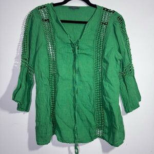 Piazza Del Tempio Green 100% Linen Crochet Lace Tunic Top Size M Italy